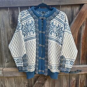 VTG wool Nordic SWEATER metal buckle Ladies Size 40 blue cream DALE of Norway